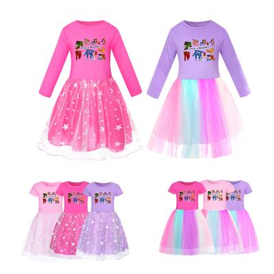 5214 Kinder Mädchen Steal a Brainrot 67 Six Seven Print Mesh Regenbogen Rundhals Lässig Lässig Baumwollkleid