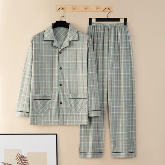 2 pezzi/set pigiama da uomo set stampa a quadri bavero manica lunga camicia monopetto elastico in vita pantaloni lunghi set vestibilità ampia tuta da casa