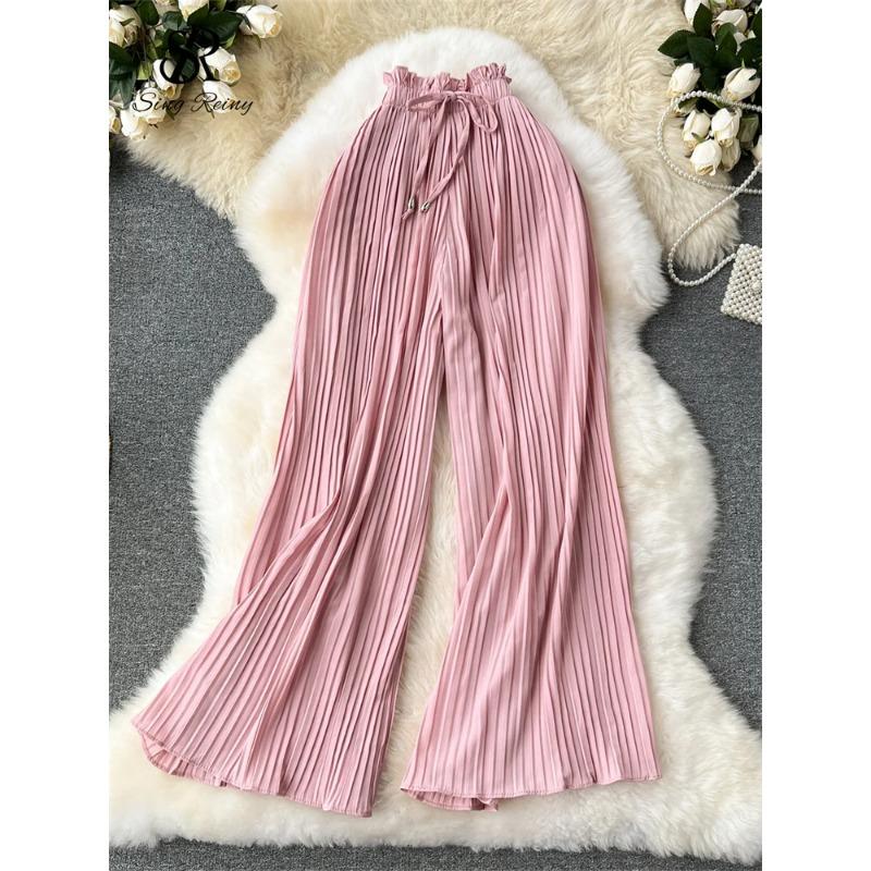 

Базовые повседневные брюки с повязками, женские летние широкие драпированные брюки большого размера с высокой талией, однотонные длинные плиссированные брюки L розовый