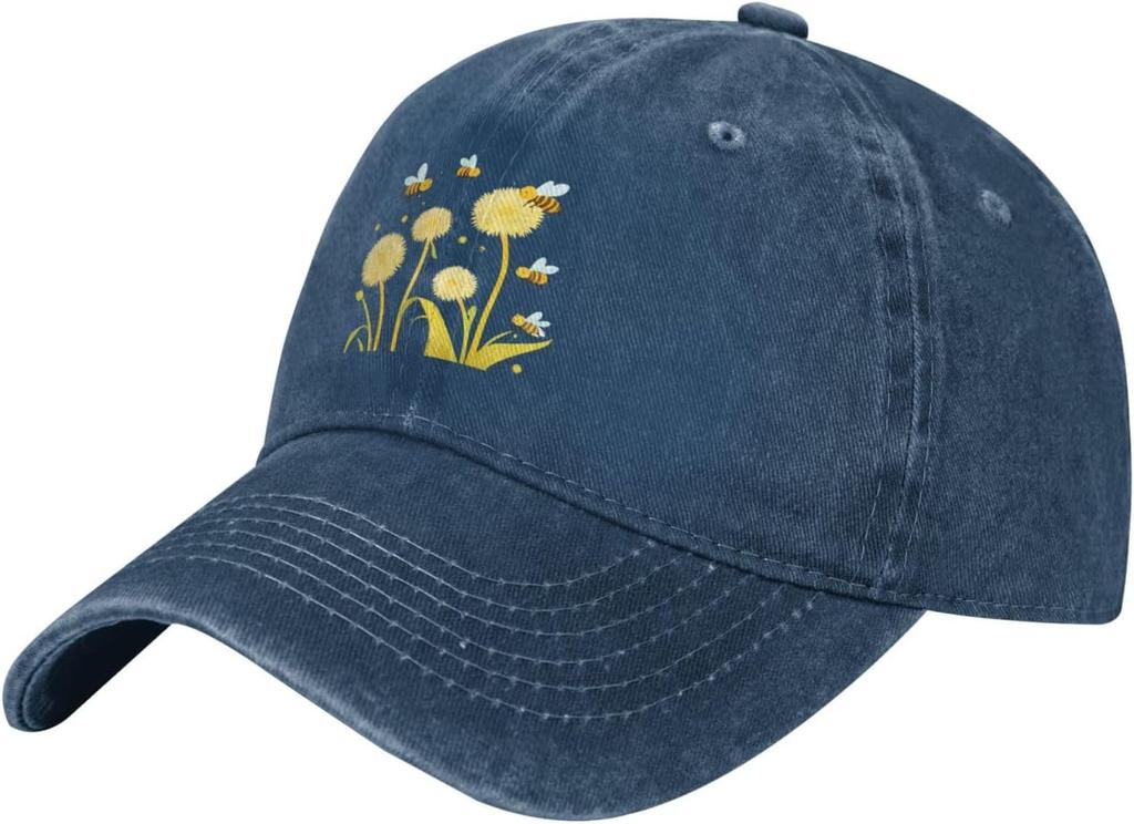 Dandelion and Bees Baseball Cap Washed Denim Unisex Adjustable Summer Casual Cotton Hat