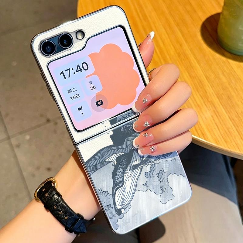 Blues Fish Whale Ocean Phone Case For Samsung Galaxy Z FlIP 7 FE 6 5 Plating PC+PU Leather Hybrid Folding Cover For Samsung Z Flip7 Flip6 Flip5