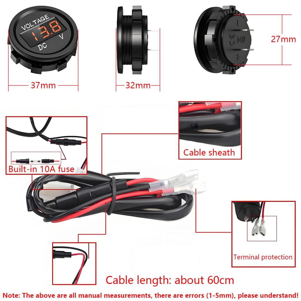 CESFONJER Car Voltmeter Red LED Digital Display Car Voltage Monitor with Connection Cable DC -24V Suitable for Motorcycle, Car, Truck