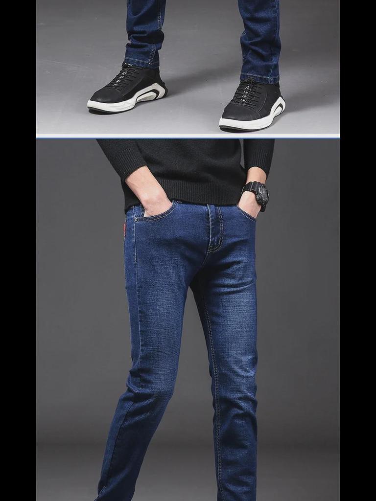 Men's Slim Fit Mid-Waist Elastic Jeans - Casual Trendy Straight Pants for Spring