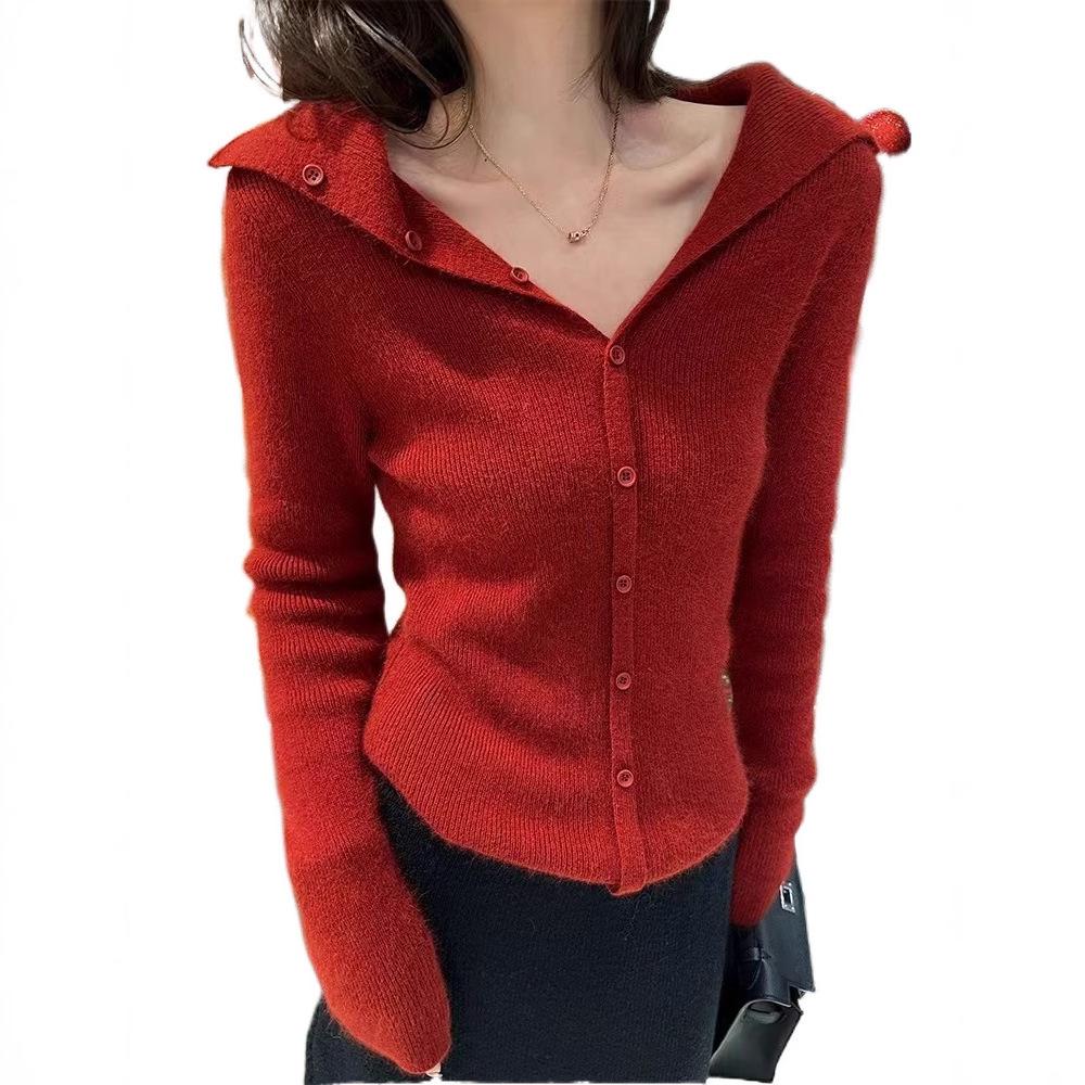 Women's Elegant Navy Collar Pure Wool Knit Cardigan Sweater