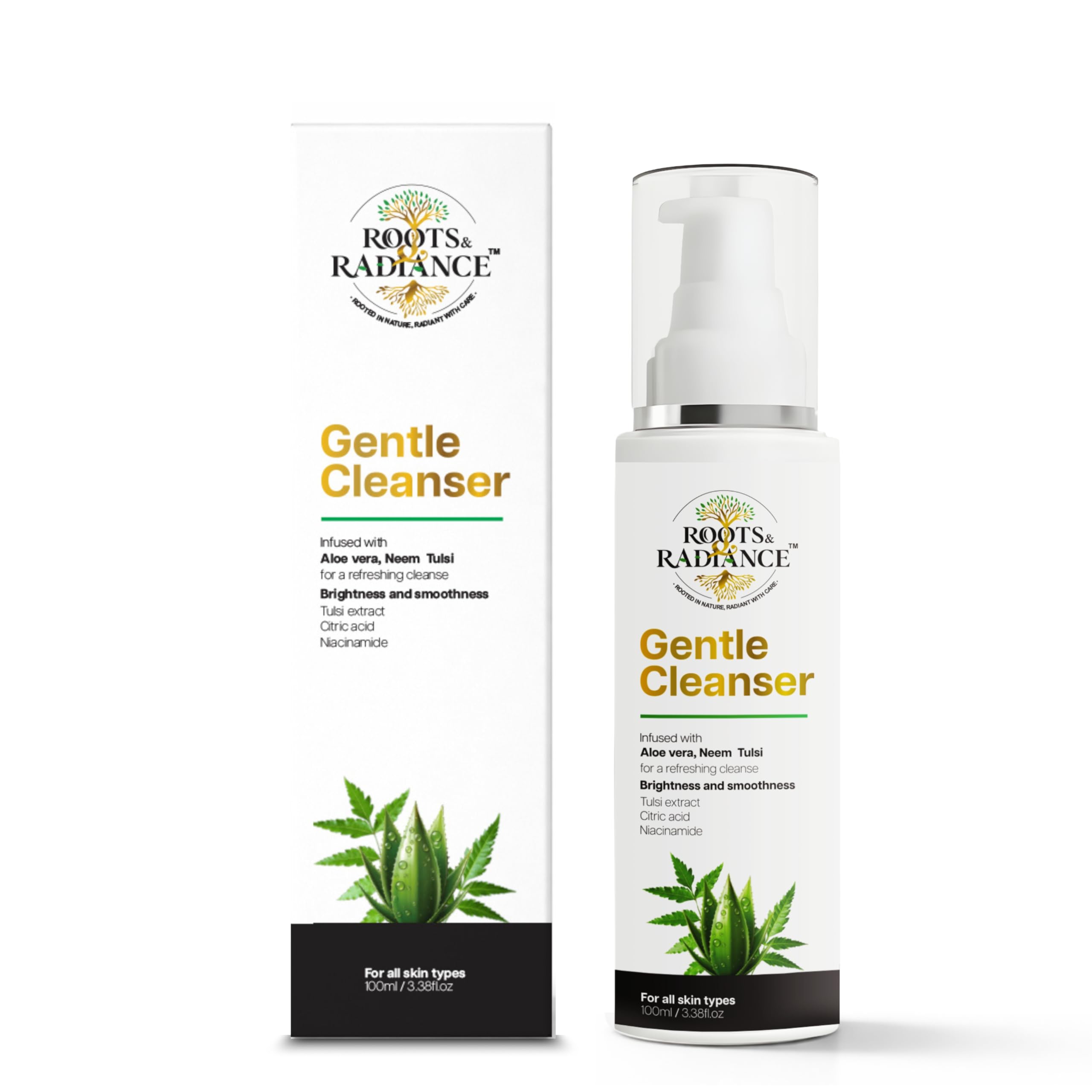Roots & Radiance Gentle Cleanser Face Wash (100 ml) | Aloe Vera, Neem & Tulsi Extracts | Deep Cleansing & Hydrating Face Wash | Suitable for All Sk