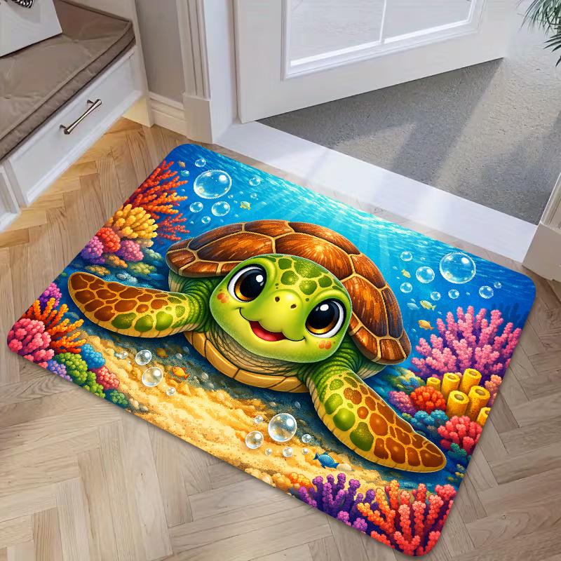 1pc, 2D Flat Printing, Undersea Coral Cute Turtle Entrance Door Mat, Non-Slip Machine Washable Easy Clean Polyester Carpet, Suitable for Home And Outd
