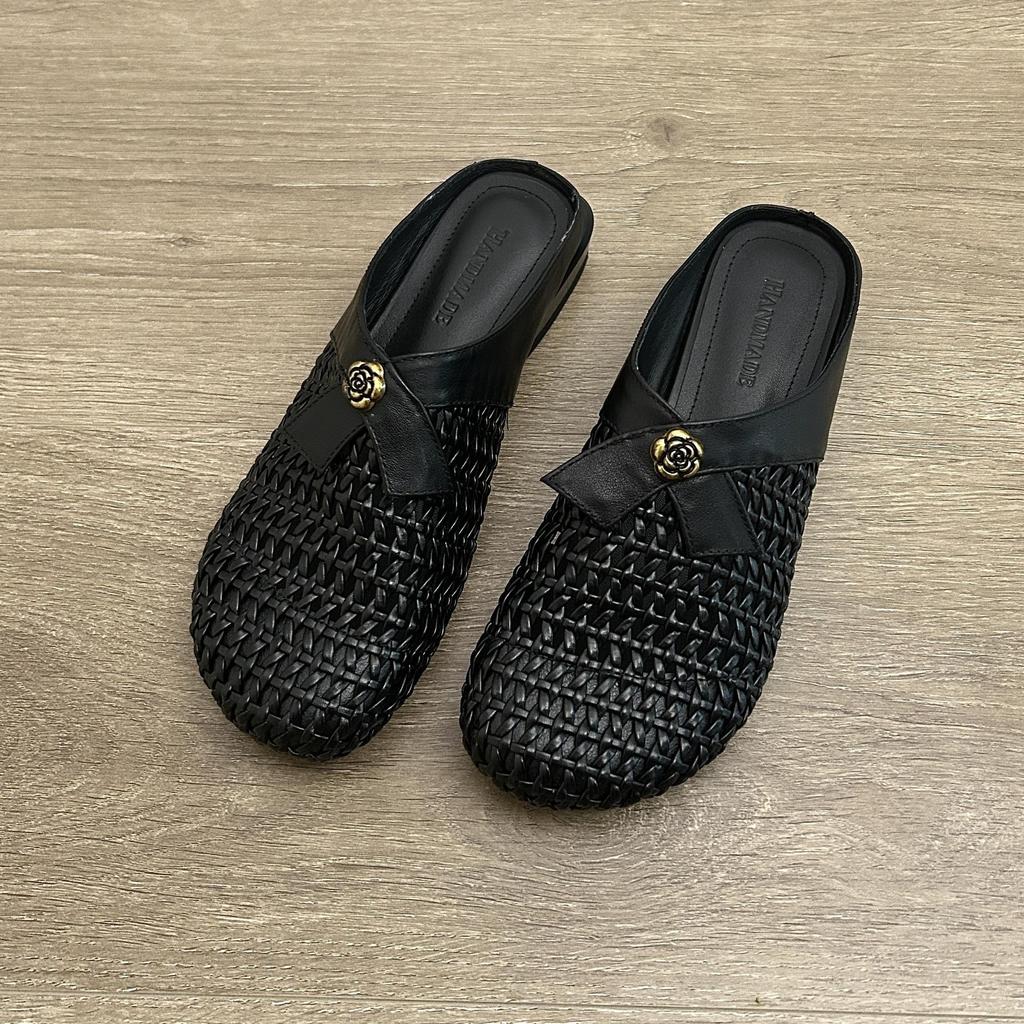 Sheepskin version~ Camellia leather slippers women's wear flat casual half slippers versatile lazy woven shoes