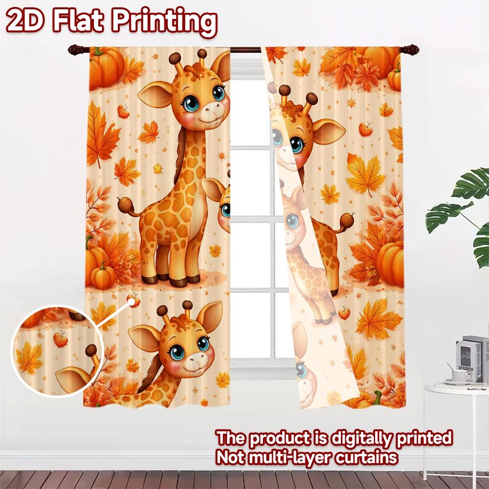 2D FLAT PRINTING 2pcs Curtains (Without Rod) Autumn Giraffes and Pumpkins Popular Fashionable Curtains Versatile 100% Polyester