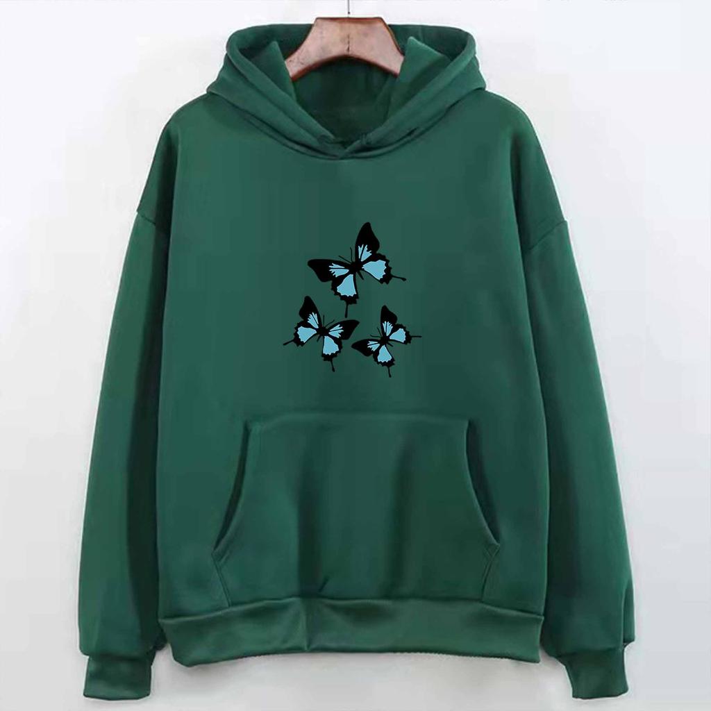 Autumn and Winter Black and Blue Butterfly Print Hoodie Sweatshirt for Men and Women Couples Korean Style Trendy Tops