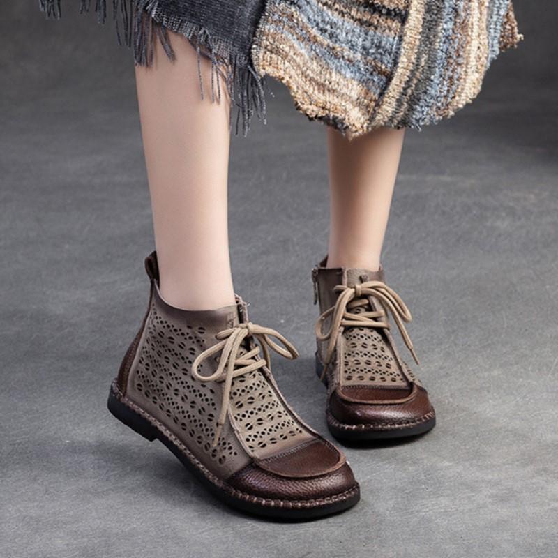 Fashion GKTINOO Women's Boots Sneakers Hollow Out Fashion Genuine Leather Shoes For Women 2025 New Spring Breathable Flat Ankle Boots