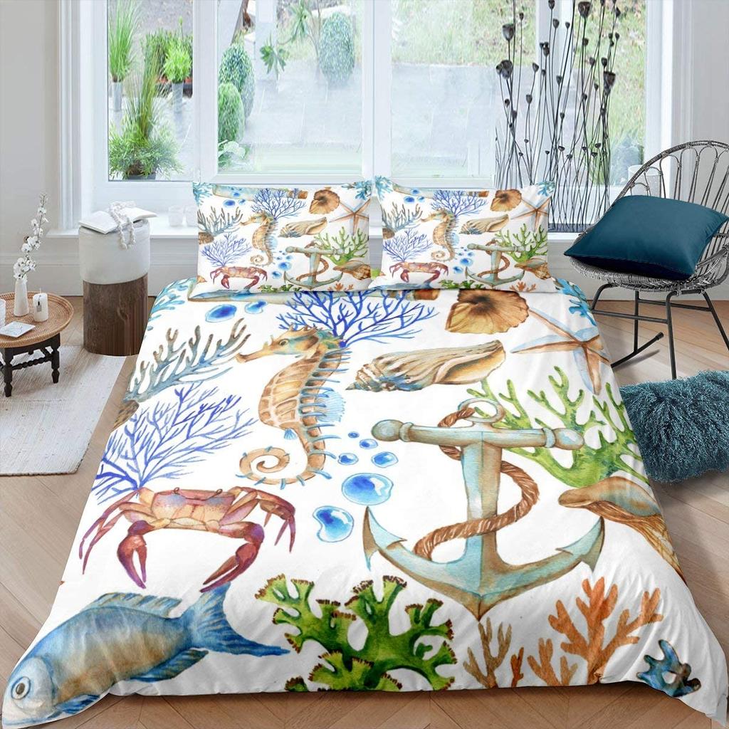 Ocean Beach Schiffsanker Bettbezug Set Nautisch Polyester Bettdeckenbezug für Männer Frauen Sonnenuntergang Blauer Himmel Weiße Wolken King Size