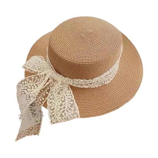 

Sun Hat Breathable Large Brim Design Sun Protection Hat Lace Bow Decoration French Style Straw Hat Headwear B