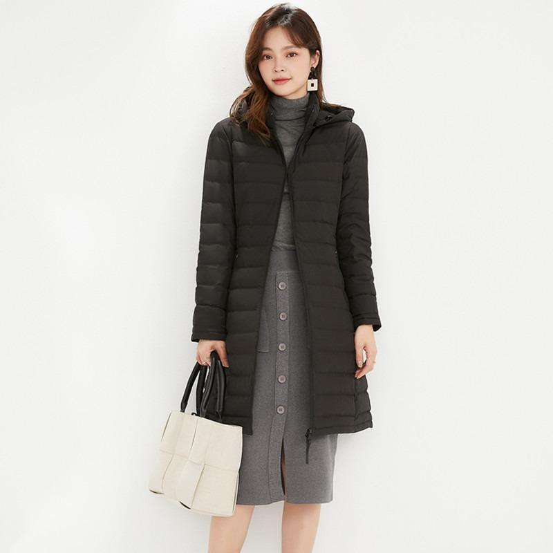 Down Jacket Women's Medium and Long Winter New Light White Duck Down Hooded Slim and Thin Coat Tide