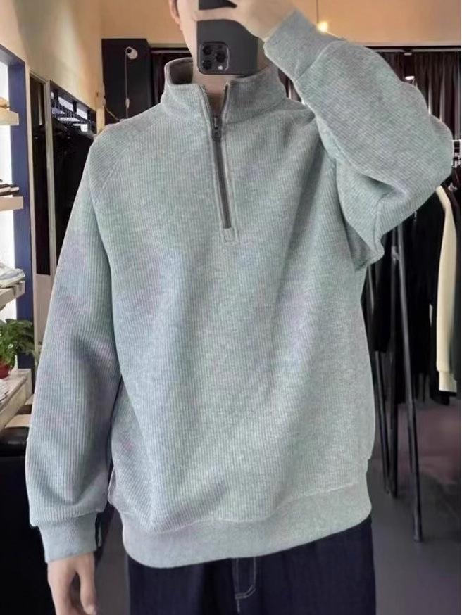Men's Autumn Solid Color Half-Zip Sweatshirt - Loose Fit Versatile Streetwear Jacket