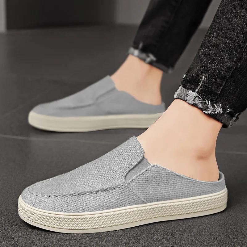 Mule Homme Été Nouvelles Chaussures Décontractées Demi-Mules Toile Respirante Semelle Souple Chaussure de Marche Légère Chaussures Vulcanisées