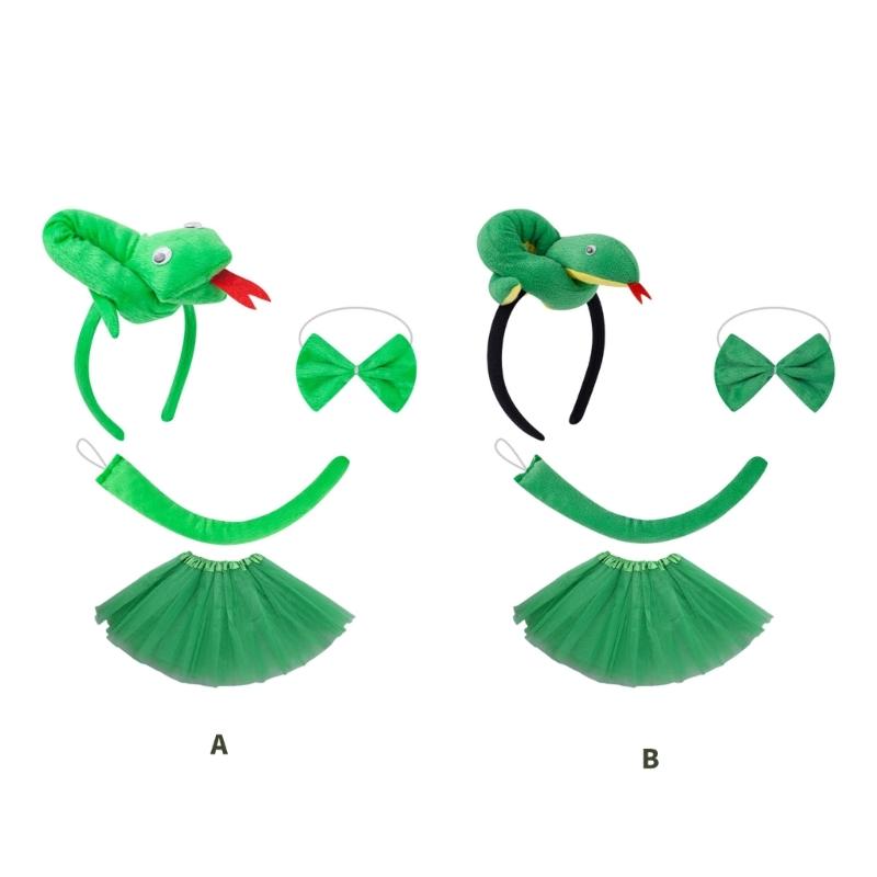 Snake Role Play Costume Set with Headband Tail Bowtie Skirt Halloween Snake Outfit Accessory for Kids Boy Girl Cosplay