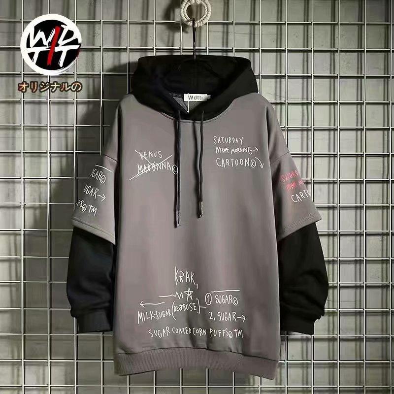 

Весна Осень Мужской свитер Ретро Имитация Двойки Капюшон Корейский Хип-Хоп Принт Толстовка Свободный Худи Мужская Флисовая Утепленная Куртка 2XL