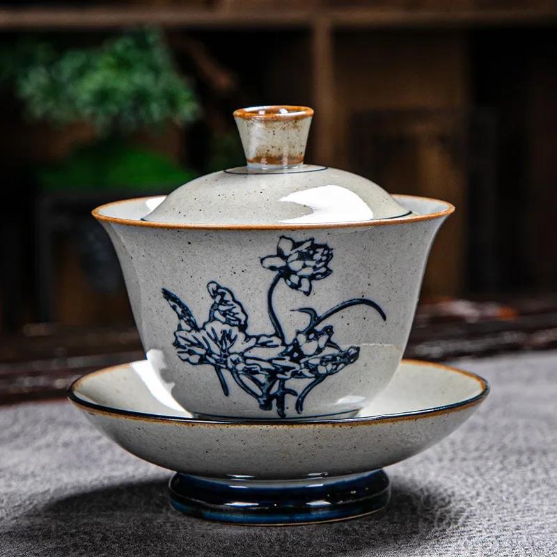 Vintage Firewood Hand Painted Gaiwan, Ceramic Blue and White Ceremony Bowl, Kung Fu Tea Set, Stoneware Brewing Cover, Tureen