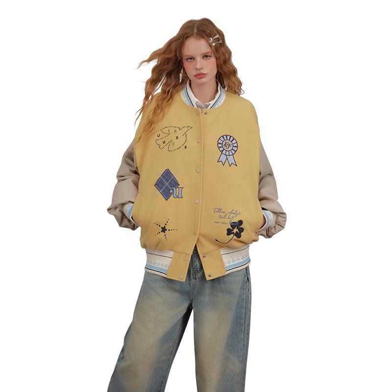 unifree American Campus Style Embroidered Wool Blend Varsity Jacket