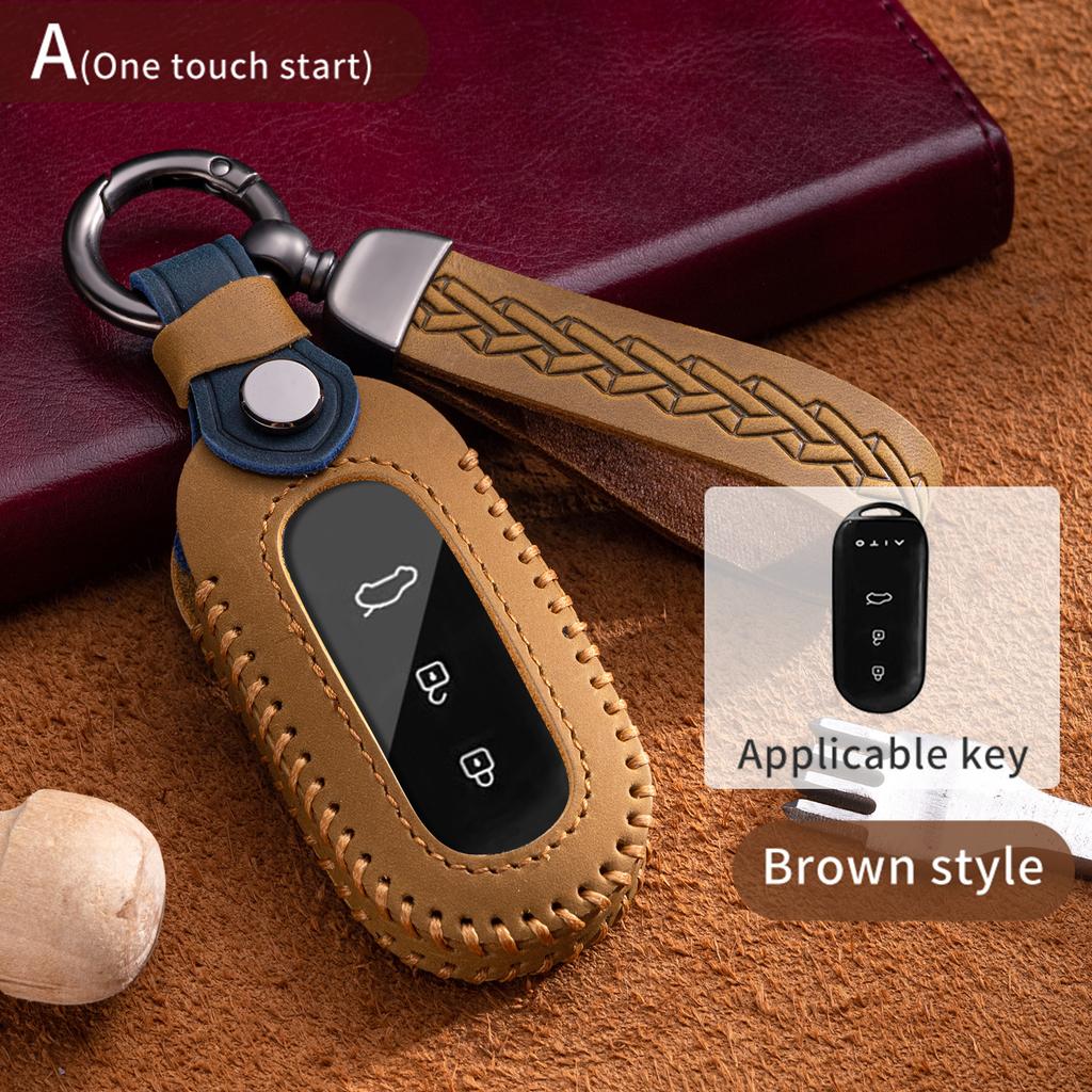 Fashion Genuine Leather Auto Intelligent Key Fob Cover Case Fit For Aito M5 M7 3 Buttons Smart Protective Housing Key Ring Automotive Auto