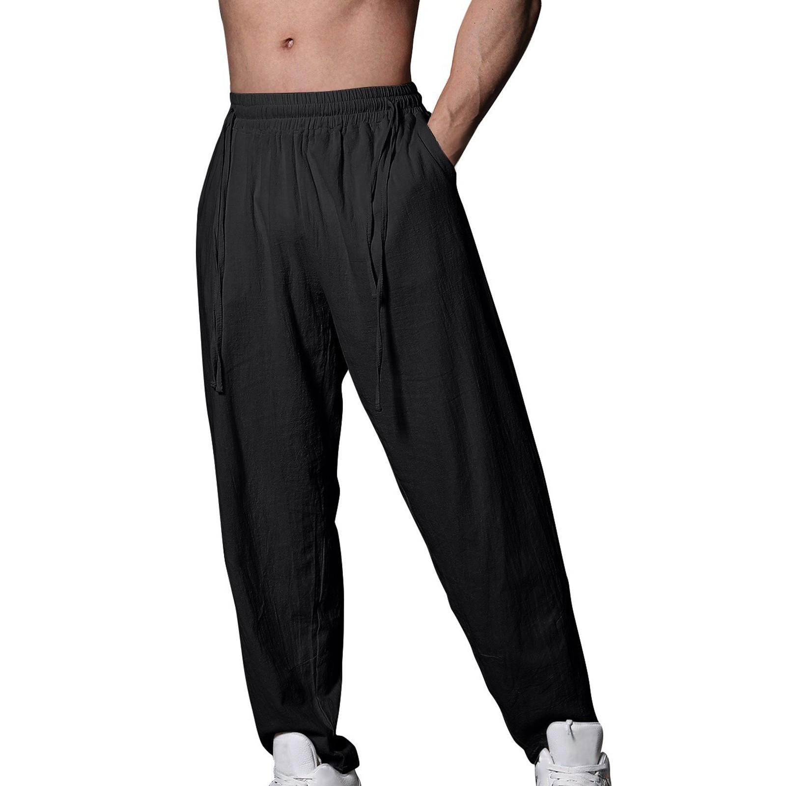 

Мужские летние повседневные брюки на шнурке Мужские дышащие брюки из хлопка и льна M чёрный