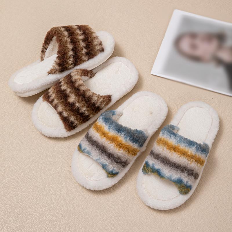 Contrast color striped open cotton slippers ins fluffy slippers comfortable design home plush mop