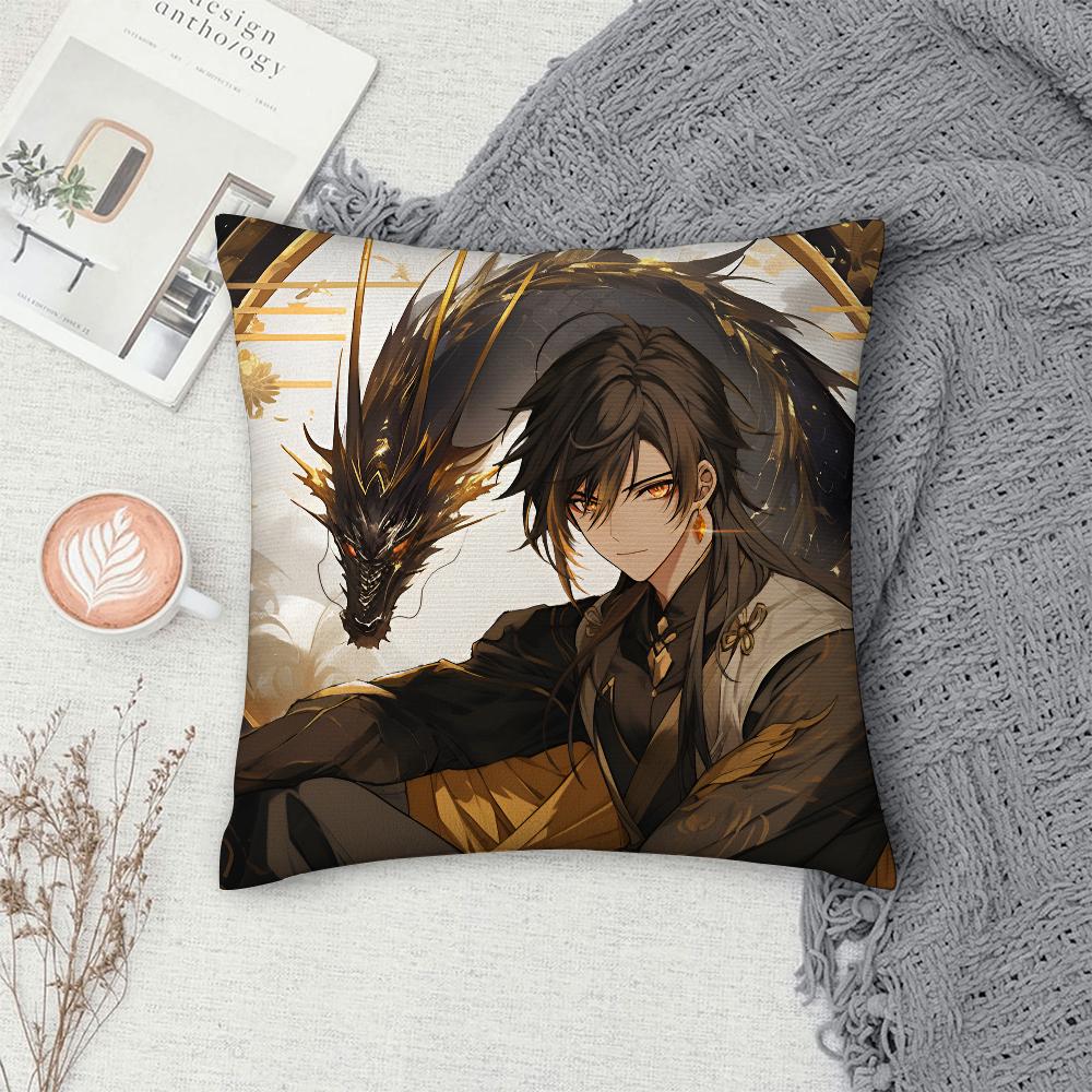Zhongli Genshin Impact Pillow Case Sofa Decorative Home Double-Sided Printing Short Plush Cushion Cover Throw Pillow Cover