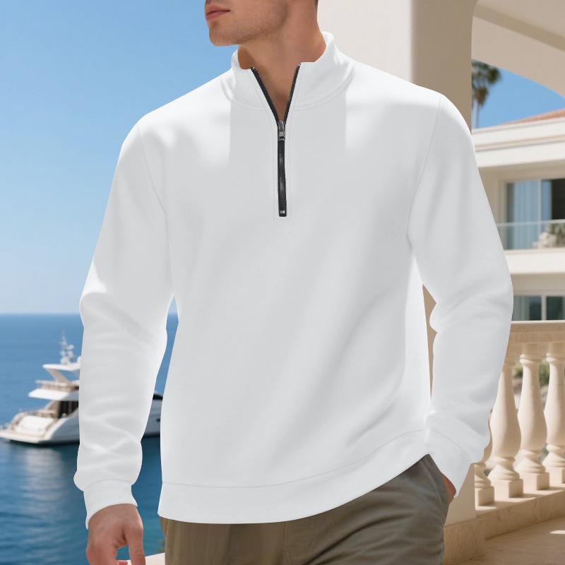 Pulôver Plus Size de Outono/Inverno com Forro de Lã e Meio Zíper, Cor Lisa, Moletom Casual para Homens