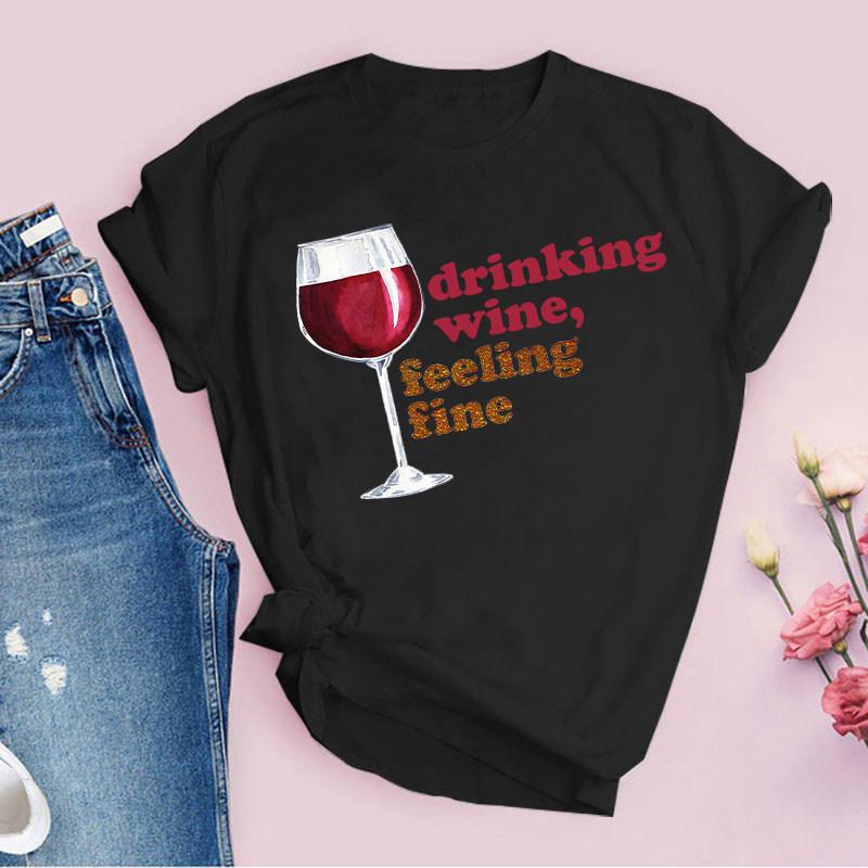 Rotweinglas Muster Reine Baumwolle Bedruckt Unisex und Damen Mode Trend T-Shirt Neu Personalisiert Rundhals Lässiges T-Shirt