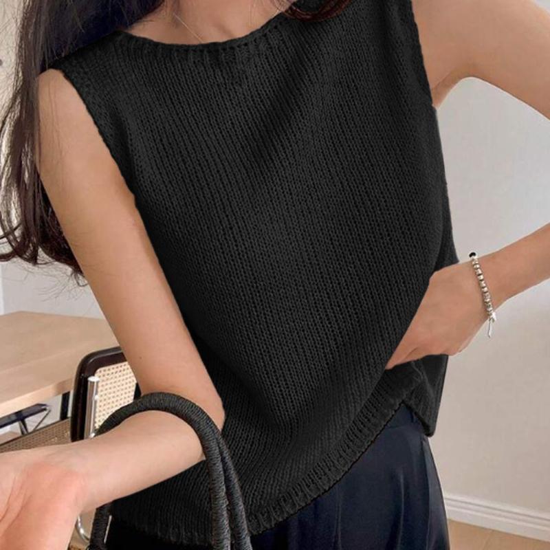 

Женский вязаный топ без рукавов с круглым вырезом, летний минималистичный пуловер-жилет XL чёрный