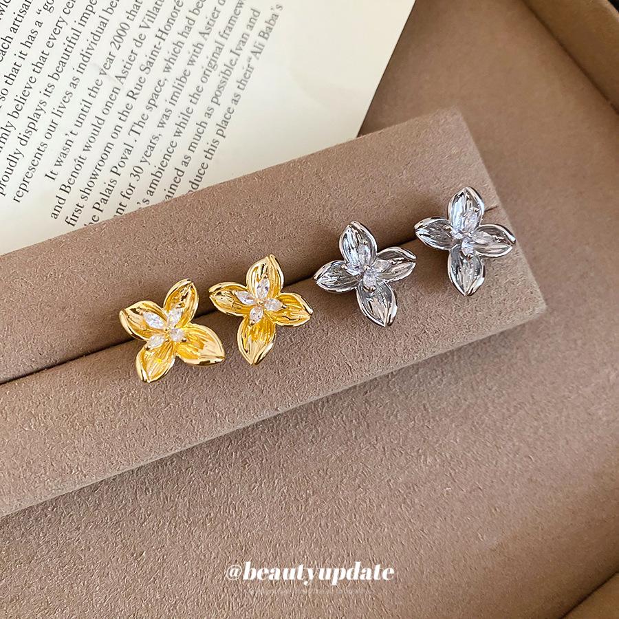 14k Gold Plated Zircon Flower Stud Earrings - Minimalist High-End Design for Women