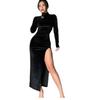 European & American Women's High Neck Velvet Long Dress, Slim Fit, Ruched Slit, Autumn/Winter 2023 Collection