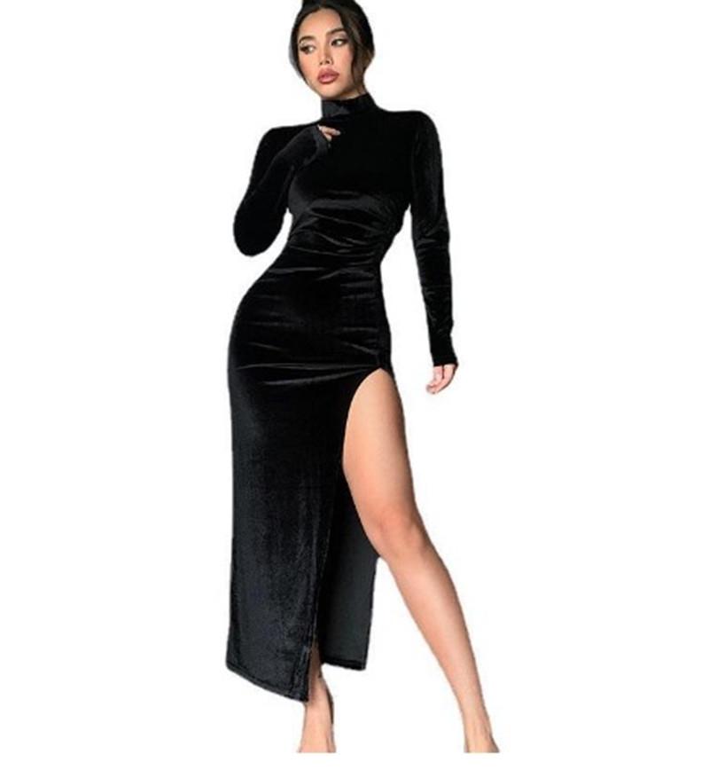 European & American Women's High Neck Velvet Long Dress, Slim Fit, Ruched Slit, Autumn/Winter 2023 Collection