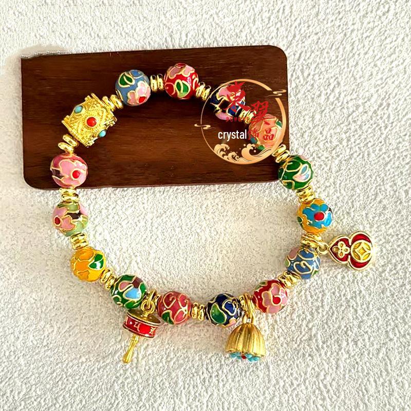 Women s Multi-Treasure Cloisonné Enamel Gourd and Lotus Beads Gold Foil Bracelet