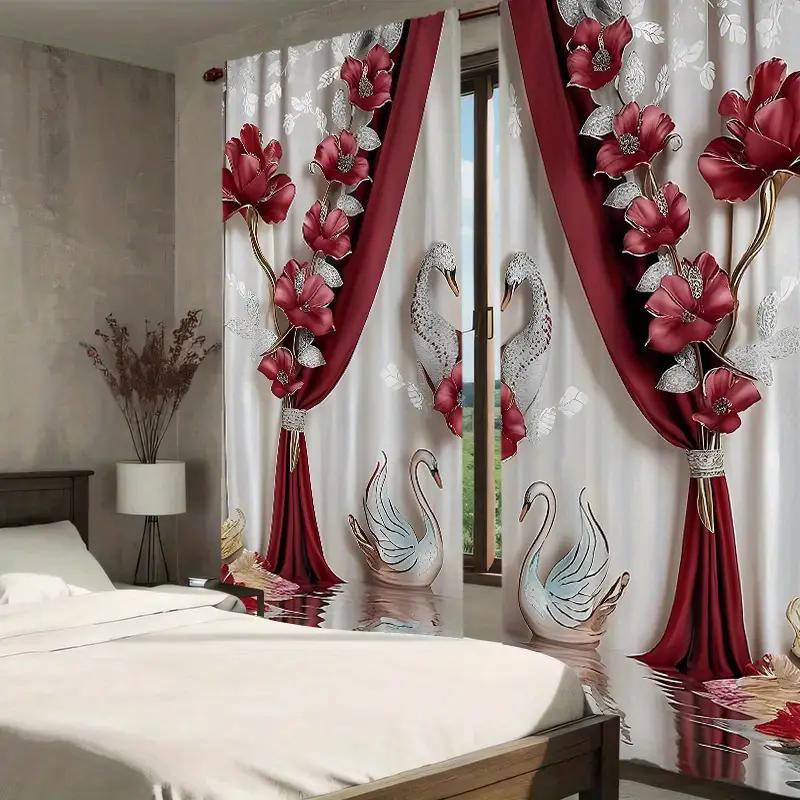 Elegantní červenobílé závěsy s potiskem květin a labutí   vhodné pro dekoraci ložnice a obývacího pokoje