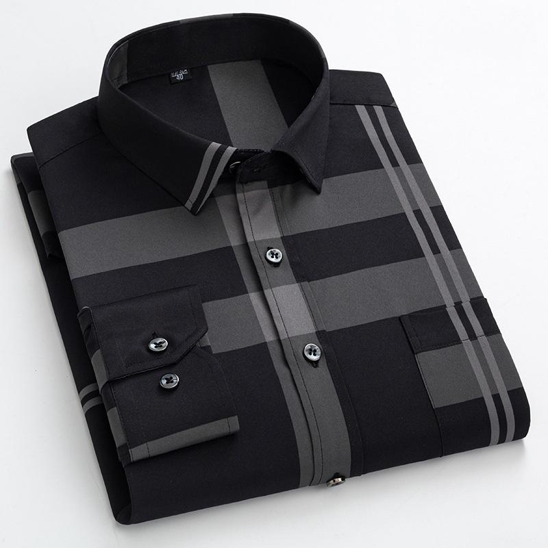 Męskie Koszule Eleganckie Wiosna Jesień Najnowsze Nieprasujące się Odporne na Zmarszczki Biznesowe Casualowe Wzór Cienki Kratka Dopasowany krój chemise homme