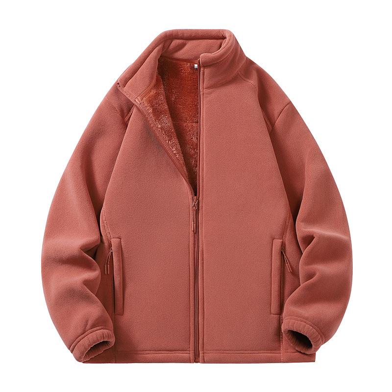 Autumn/Winter Fleece Couple's Jacket: Velvet-Thickened, Warm, Stand Collar, Pure Color Outerwear