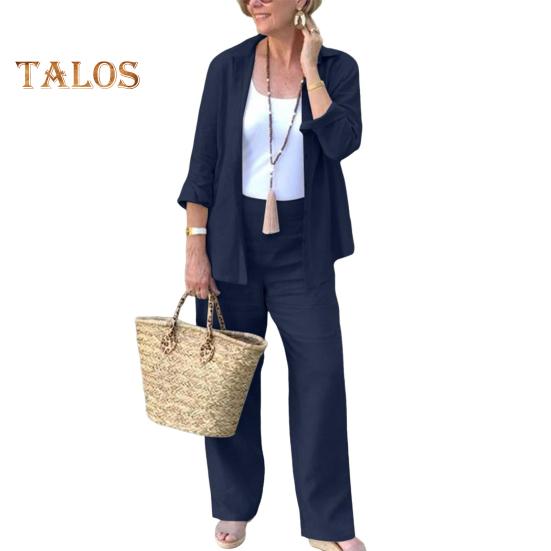 2-teiliges Set mit Hemd und Hose für Damen, lockeres Revers, einreihig, mittellange Langarmbluse, hohe elastische Taille, Hose mit weitem Bein, Alltagskleidung