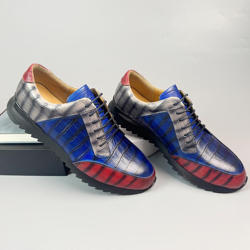 Pánské boty pro volný čas z pravé kůže, britská lakovaná šněrovací kožená obuv s krokodýlovým vzorem Světlé kožené personalizované fazolové boty Trend