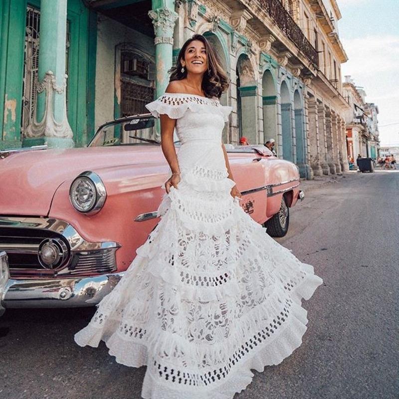 Summer New Vintage Off Shoulder Sexy Dress Women Ruffled Hollow Out Lace White Party Loose Dress Women Elegant High Waist A Line Casual Dresses 25088