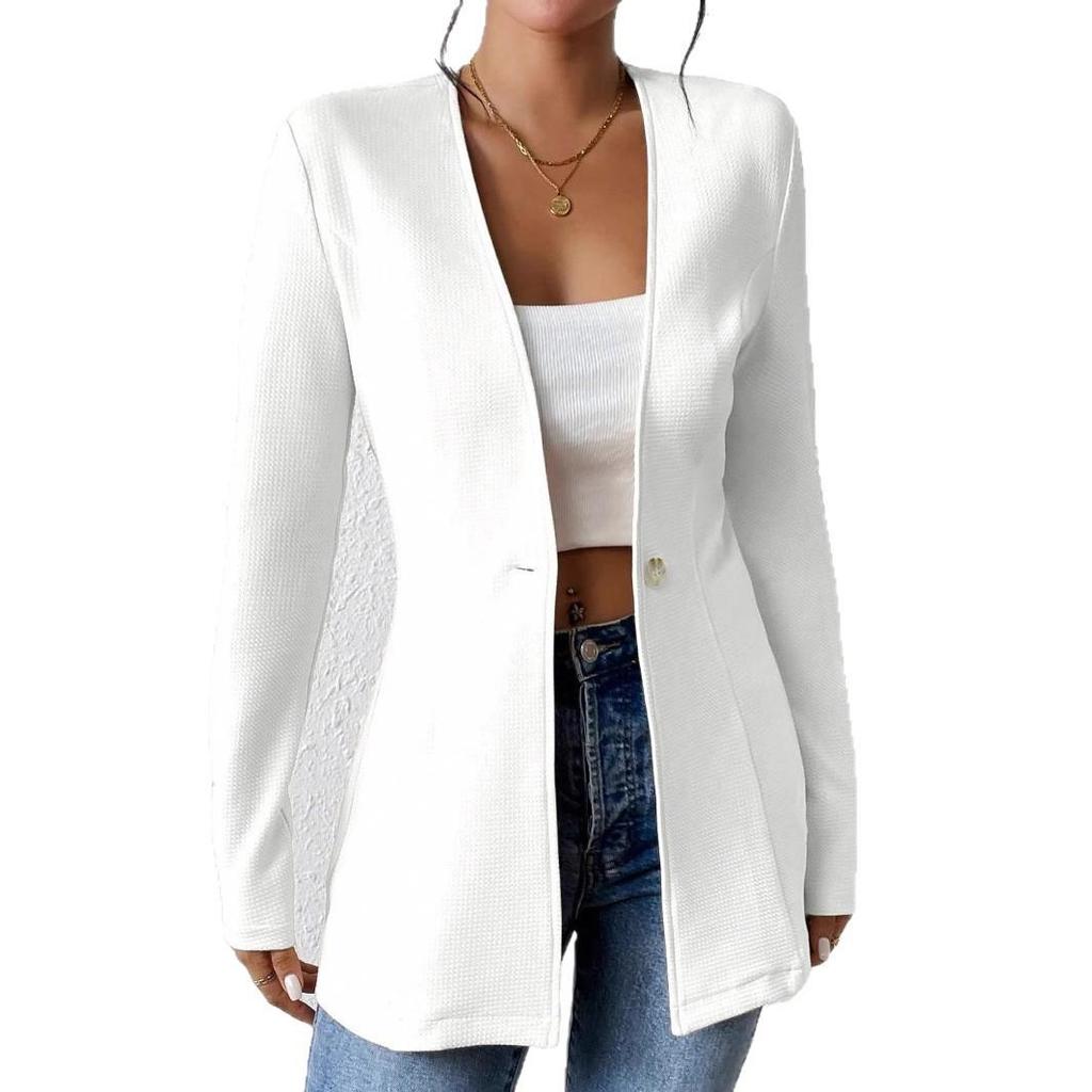 2025 Modern Korean V-Neck One-Button Solid Color Long Sleeve Jacket