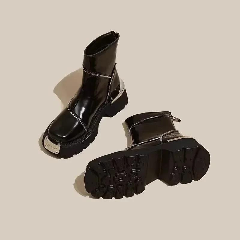 Shoes for Woman High Quality Black Women's Boots Street Fashion Round Toe Ladies Shoes Non-slip Thick-soled Gothic Boots