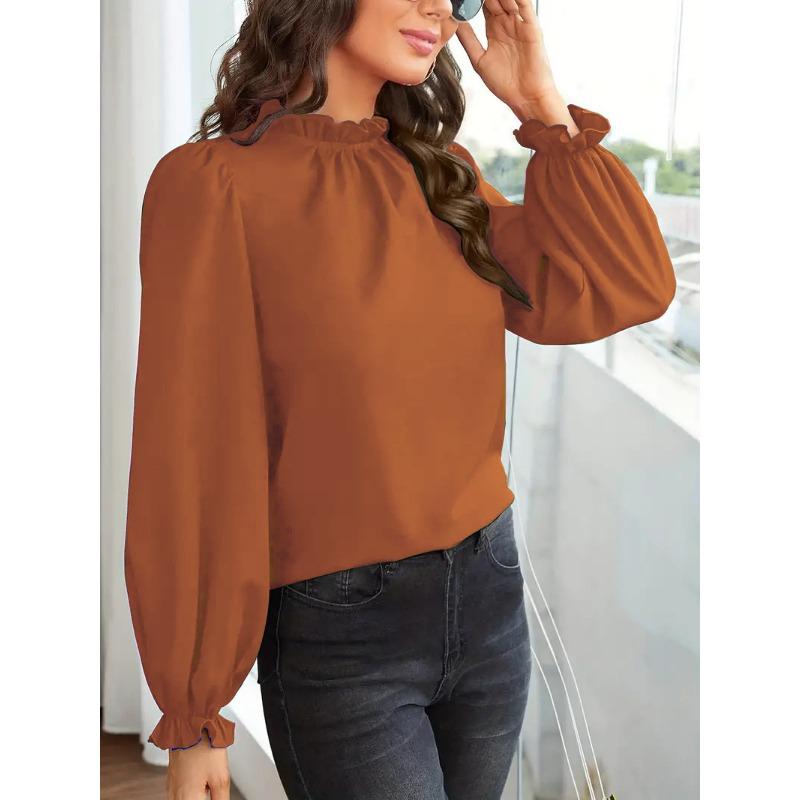 Women's Fashion Casual Spring Fall Solid Color Print Long Sleeve O-Neck Blouses & Shirts