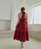 Belrma Red Linen Back-Open Ribbon Halterneck Dress