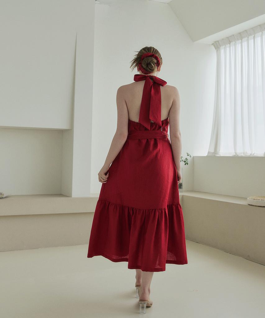 Belrma Red Linen Back-Open Ribbon Halterneck Dress