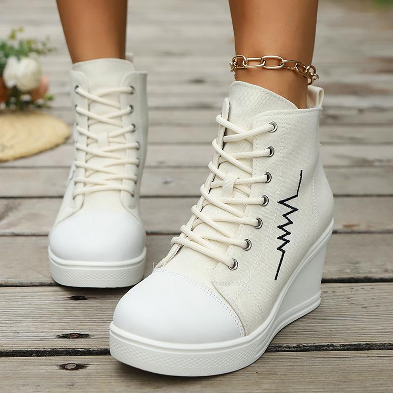 Fashion High Top Wedge Heel Sneakers for Women Fashion Mix Color Lace Up Canvas Shoes Woman Lightweight College Students Casual Sneakers