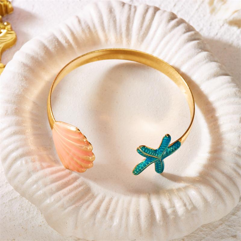 Boho Blue Enamel Metal Starfish Shell Cuff Bracelets for Women Vintage Punk Adjustable Arm Bracelet Beach Party Vacation Jewelry