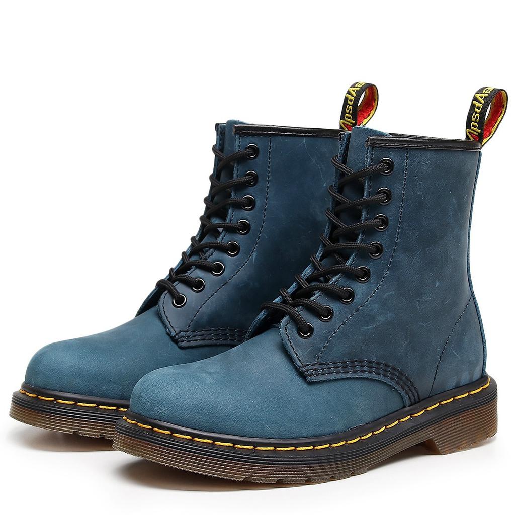 High-top Crazy Horse Blue Locomotive Boots Women's Classic Retro British Style Short Boots Men's and Women's Leather Boots Round Head Trend
