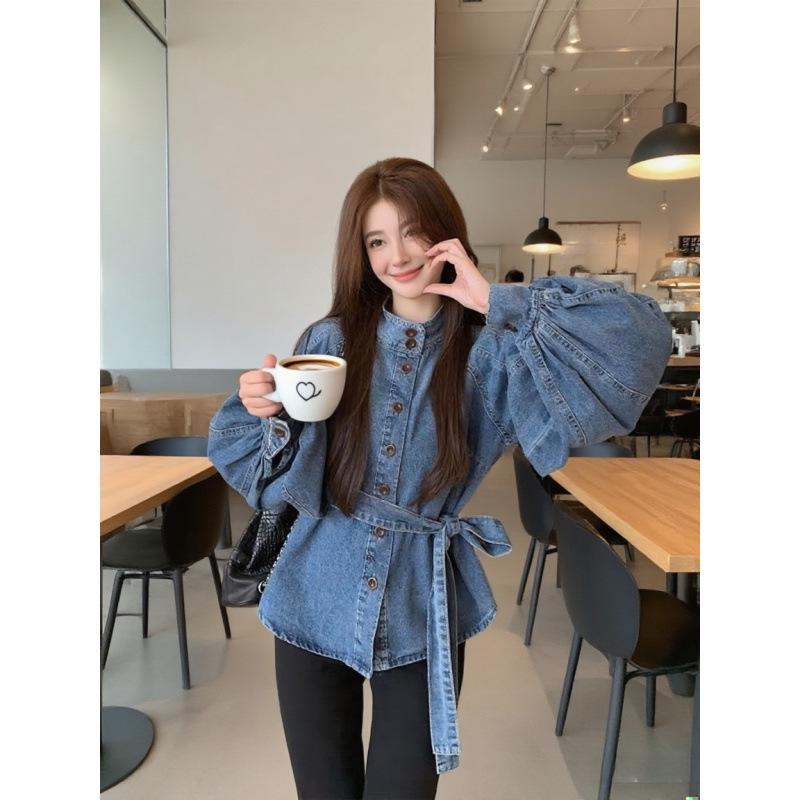 Retro Light Luxury Denim Top with Tie-Waist and Lantern Sleeves