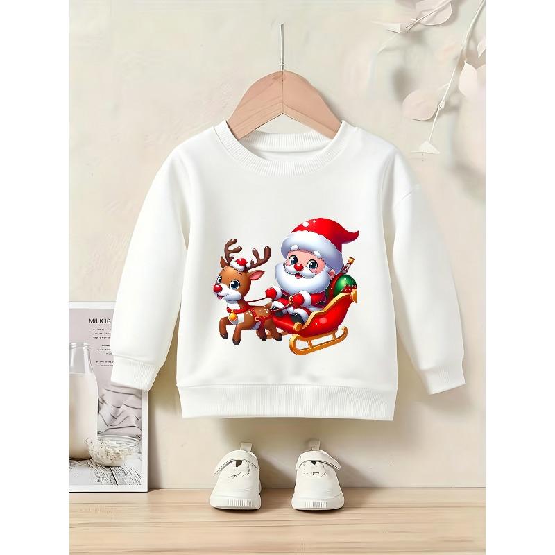 Girls' Christmas-Themed Santa Sleigh Crewneck Sweatshirt, Available in Multiple Colors! Adorable Cartoon Print Features a Cute Reindeer